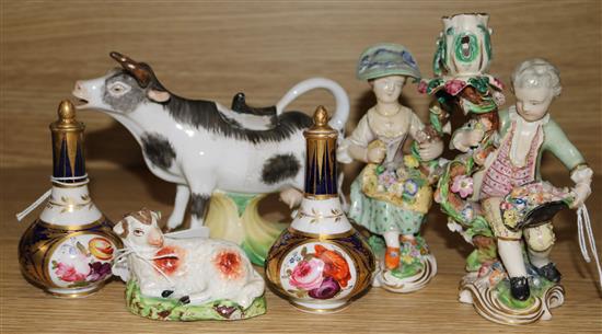A pair of Minton candlestick figures, pseudo cross swords mark, a pair of Derby scent bottles c.1810, a pearlware ram and a Derby King
